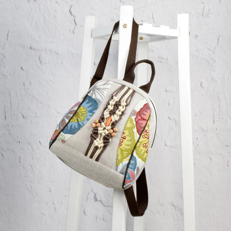 2021 New Retro Woman Backpack Female Shoulder Bag Pure Hand-woven Cotton Linen Small Rucksack Ancient Bag Student School Bags
