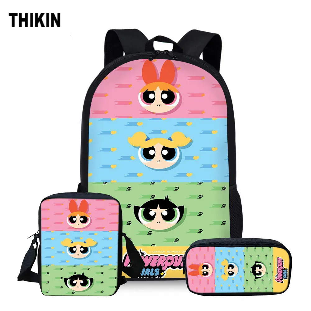 

THIKIN Casual The Powerpuff Girls Print School Bags 3pcs/set for Teen School Backpack Cartoon Pattern Bookbag Lovely Satchel