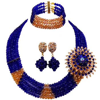 

Anniversary Present Crystal Royal Blue Champagne Gold AB African Beads Crystal Necklace Earrings Sets for Women 5C-SJ-15