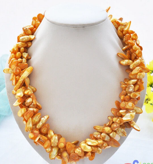 

FREE SHIPPING>>>@@ >& ***Hot sale >>3row yellow baroque Tail freshwater pearl necklace 18