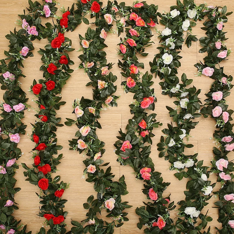 

2PC 2.4M 11Heads Fake Silk Roses Ivy Vine Artificial Flowers with Green Leaves For Home Wedding Decoration Hanging Garland Decor