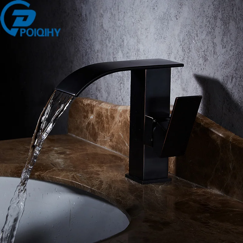 

Oil Rubbed Bronze Basin Faucet Waterfall Single Handle Vanity Sink Mixer Taps Deck Mounted Basin Bathroom Faucet