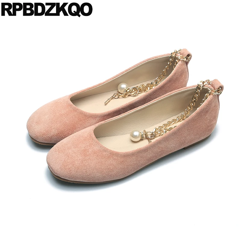 

Shoes Square Toe Pearl Suede 11 Ankle Strap Soft Ballet Flats Women Ballerina Large Size 10 Metal Plus Japanese Pink 33 Chain