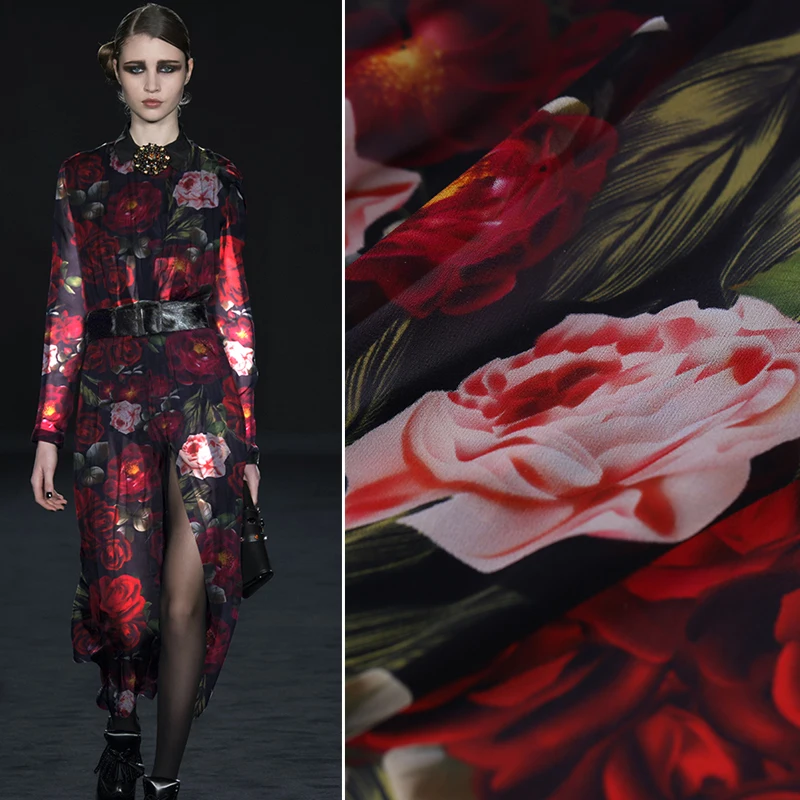 

135cm wide 10mm custom rose digital printing silk georgette fabric silk dress Hanfu half skirt fabric