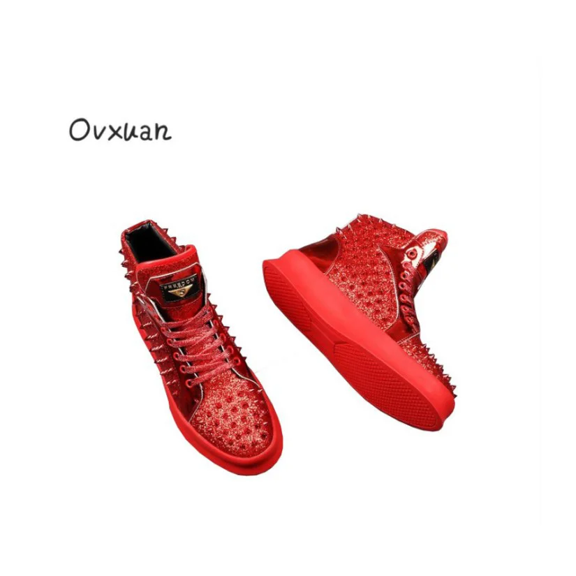 

Ovxuan Spikes and Rivets Flat Shoes Gold Triangle Fashion Party Men Dress Shoes Leather Casual Sneakers Men High Platform Shoes