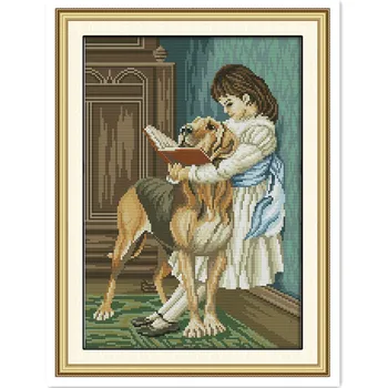 

The Girl And Her Dog Reading A Book Together kits-for-embroidery Chinese Counted Cross Stitch Patterns Kits Needlework Kit