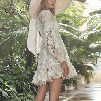 

Ordifree 2019 Summer Women White Lace Party Dress Long Sleeve Elegant Lady Mini A Line Dress