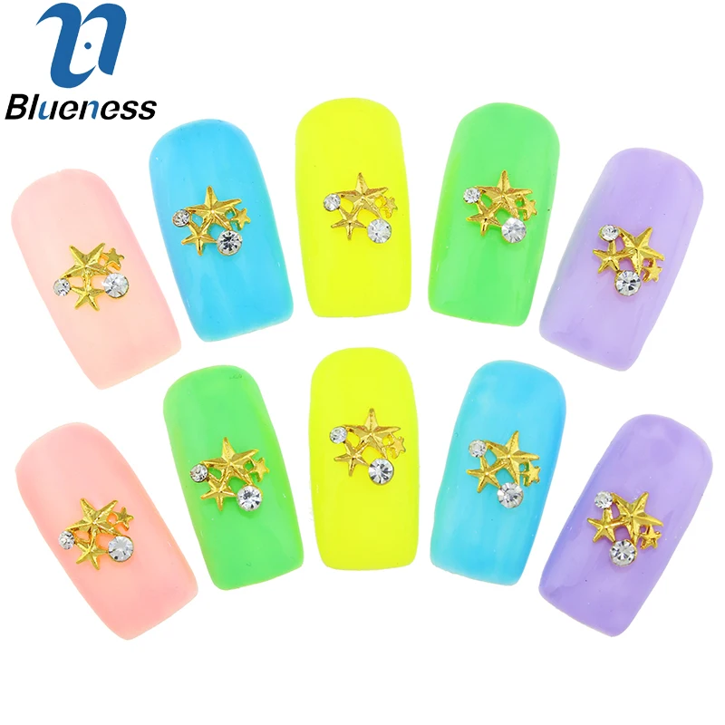 10 Pcs/Lot DIY 3 Stars Design 3D Fashion Gold Alloy Nail Art Charms Rhinestones Decorations For Nails Beauty Studs TN1647 | Красота и
