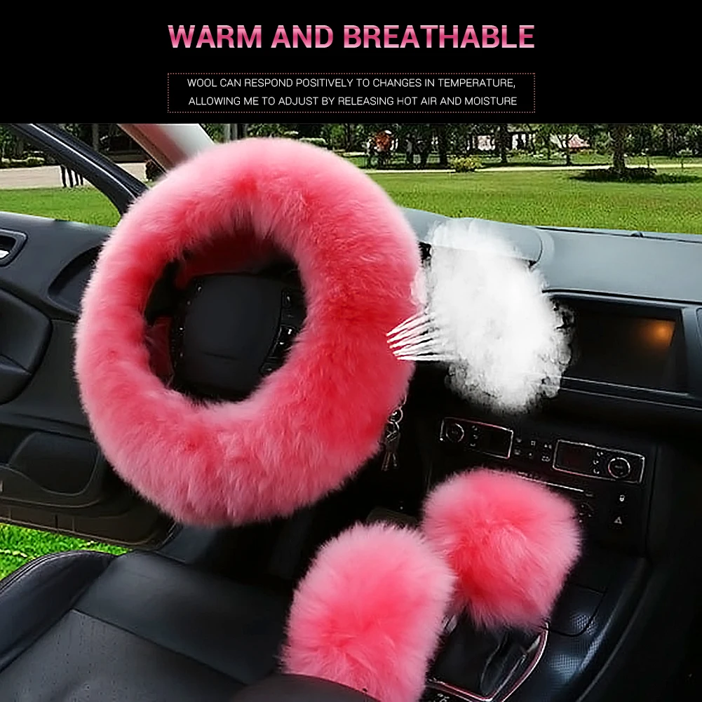 Универсальный руль Плюшевые Чехлы рулевого колеса автомобиля ручной тормоз и шестерня крышка набор автомобиля аксессуары для интерьера для женщин девочек - Название цвета: pink