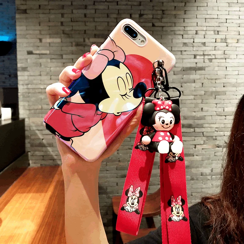 For iPhone X Minnie Mickey couple case for iPhone 7/8 plus blue light phone cover for 6 6s cartoon soft shell+ strap+3D holder