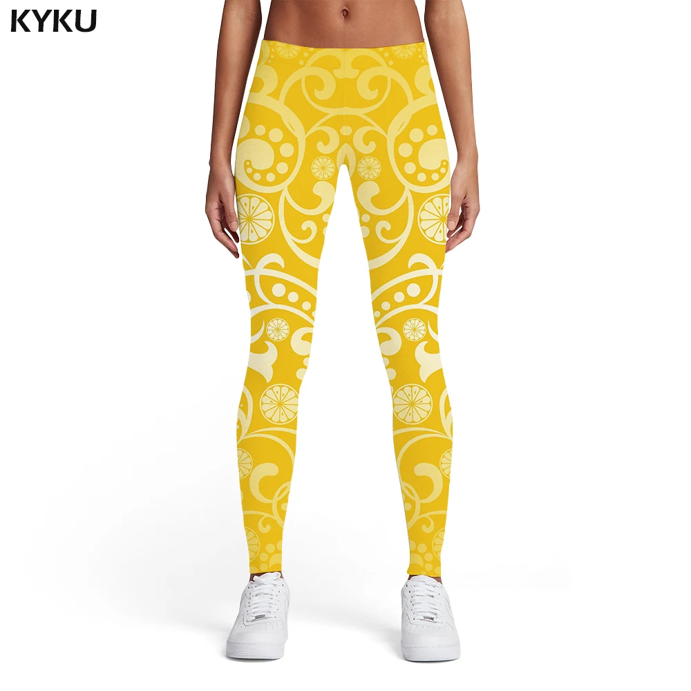 

KYKU Pattern Leggings Women Ink Ladies Art Leggins Yellow Trousers Abstract Printed pants Womens Leggings Pants Jeggings Slim