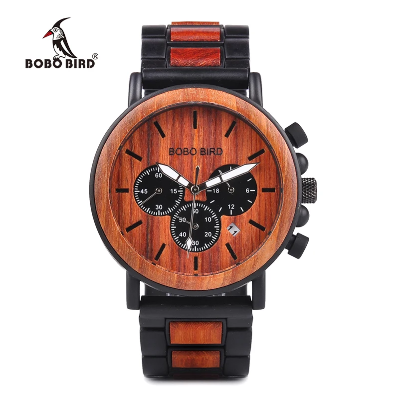BOBO BIRD V-P09-3 Luxury Unique Wood Dial Watches Men Clock Functional Stop Watch saat with Date Display