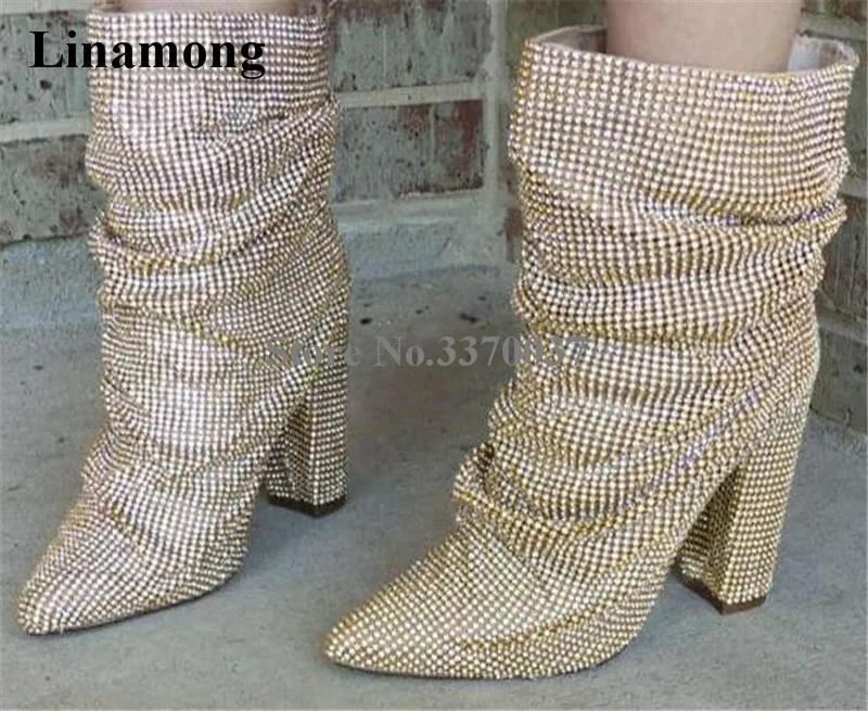 

Luxurious Bling Bling Pointed Toe Rhinestone Chunky Heel Short Boots Gold Silver Black Crystal Slip-on Ankle Booties Dress Heels