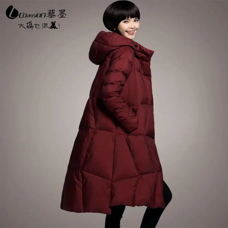 

Plus Size M~5XL Women's Winter Parkas Long Duck Down Thick Jackets Hood Fashion Red Wine Color 2018 Loose Female Outerwear Coats