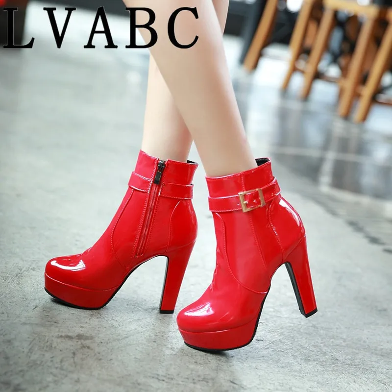 

LVABC 2018 New Fashion Women Buckle Ankle Boots Casual Zip Round Toe Thick High Heels Simple Party Solid Shoes Woman black