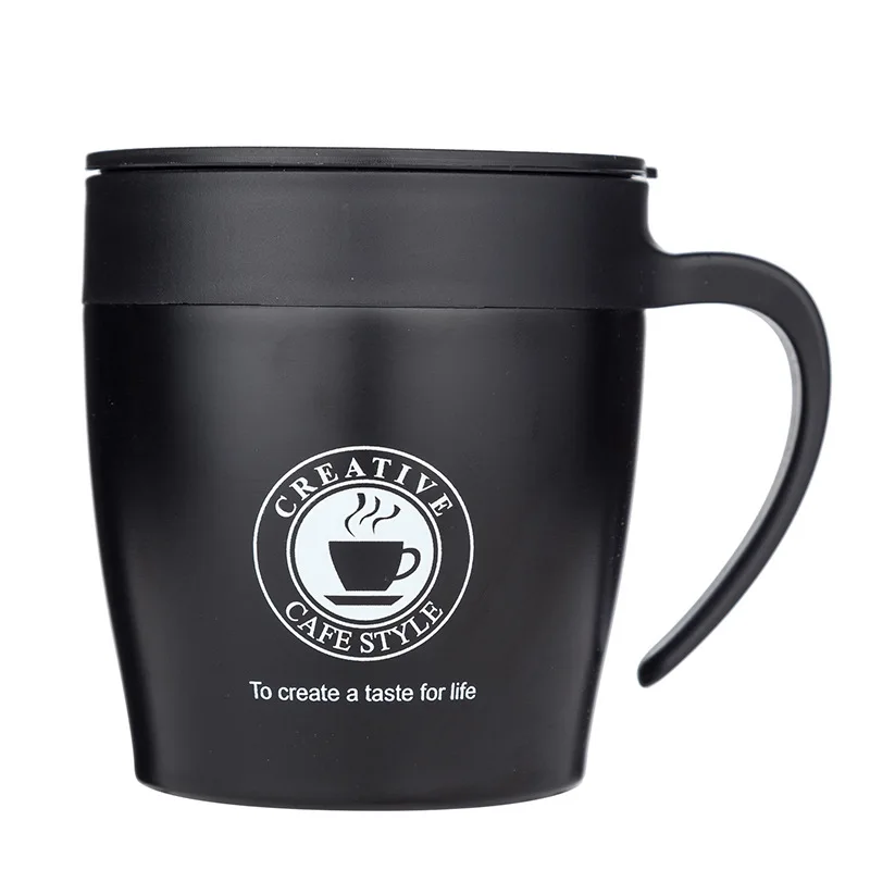 Экологичный 330 мл стакан из нержавеющей стали, кофейная чашка с ложкой, кружка для самостоятельного перемешивания, вакуумная Изолированная офисная чашка, кофейная кружка для путешествий - Цвет: Черный