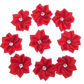 

40Pcs Red Small Satin Flowers Fabric Rhinestone Flowers Appliques Sewing Decoration Wedding Garment 2.8cm