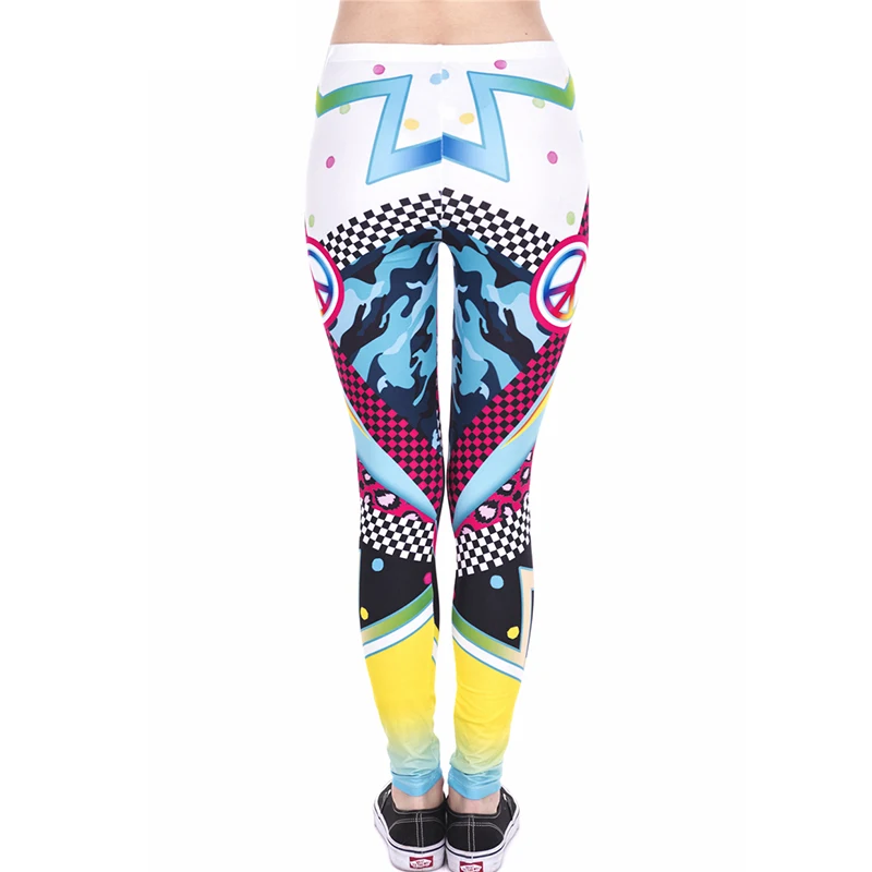 Disco Peace Flash Print Женские леггинсы фитнес дышащий пот, быстро высыхает леггинсы Высокие эластичные брюки
