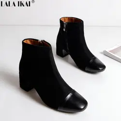 LALA IKAI/Зимние женские ботильоны на среднем каблуке сплошной Цвет квадратный носок застежкой-молнией Дамская обувь модные теплые ботинки
