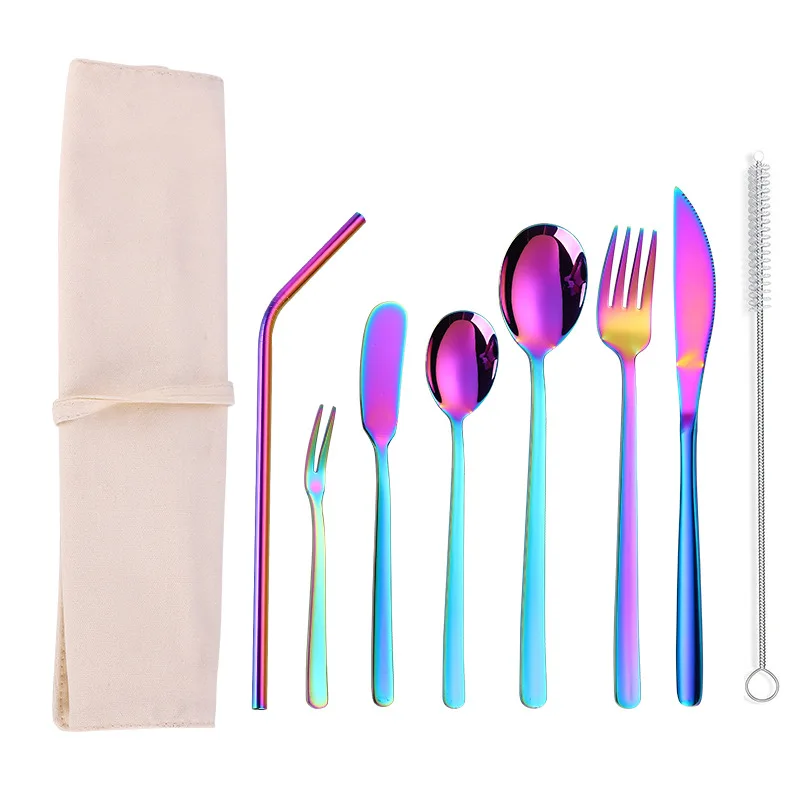 

2019new Portable Cutlery Set Stainless Steel Tableware Fruit Forks Dinner Knives Dessert Spoons with Straw Portable Bag Cutlery