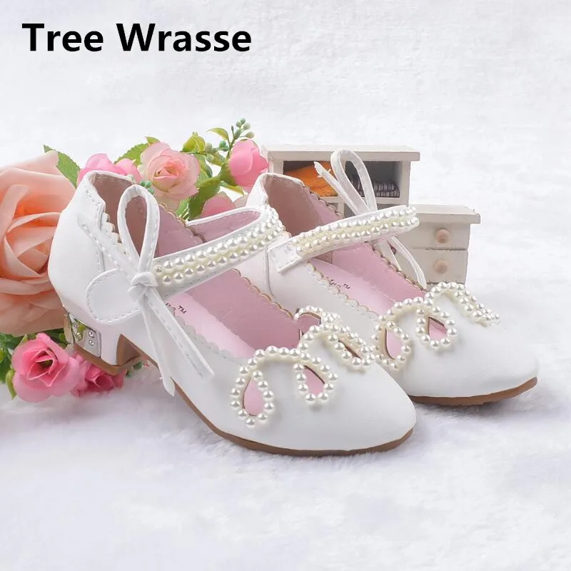 

Children Leather Dress Shoes Girls Princess Sandals Summer Kids Pink White Gold Single Shoes For Girl Pearl Beaded Low Heels