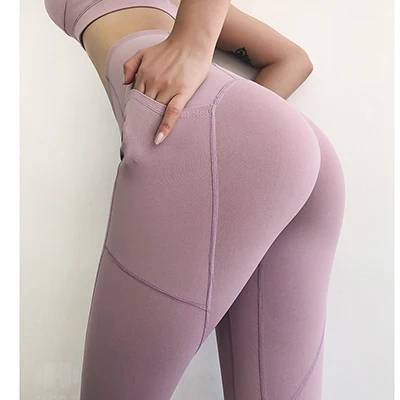 Женские Эластичные тренировочные штаны для йоги с боковыми карманами, однотонные сетчатые спортивные Леггинсы с эффектом пуш-ап, одежда для фитнеса, тренажерного зала - Цвет: Розовый