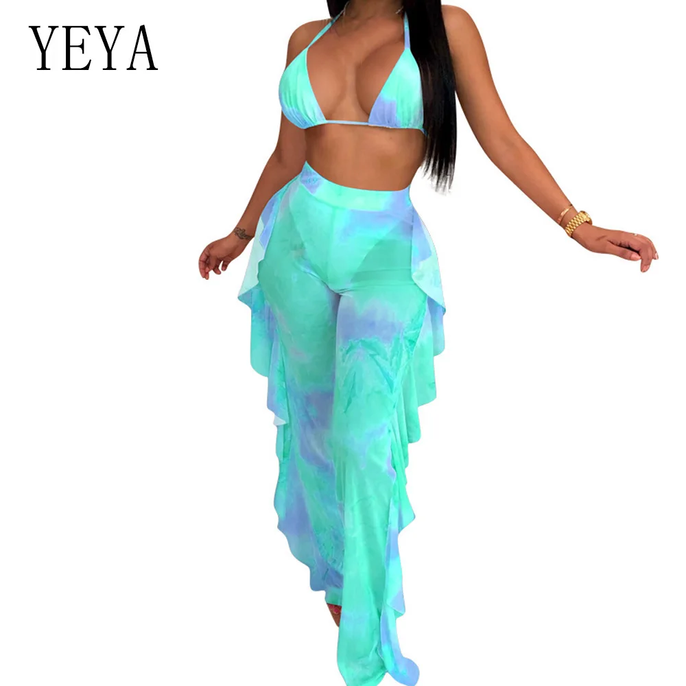 

YEYA Women Two Piece Set Print Jumpsuits Sexy See-Through Mesh Ruffles Bodysuits Spaghetti Strap V Neck Rompers Beach Overalls