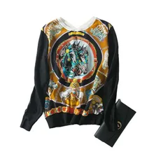 Шерсть натуральная смесь Женская мода лоскутное изделие с шелковыми принтами с футболка Oneck M/L оптом и в розницу