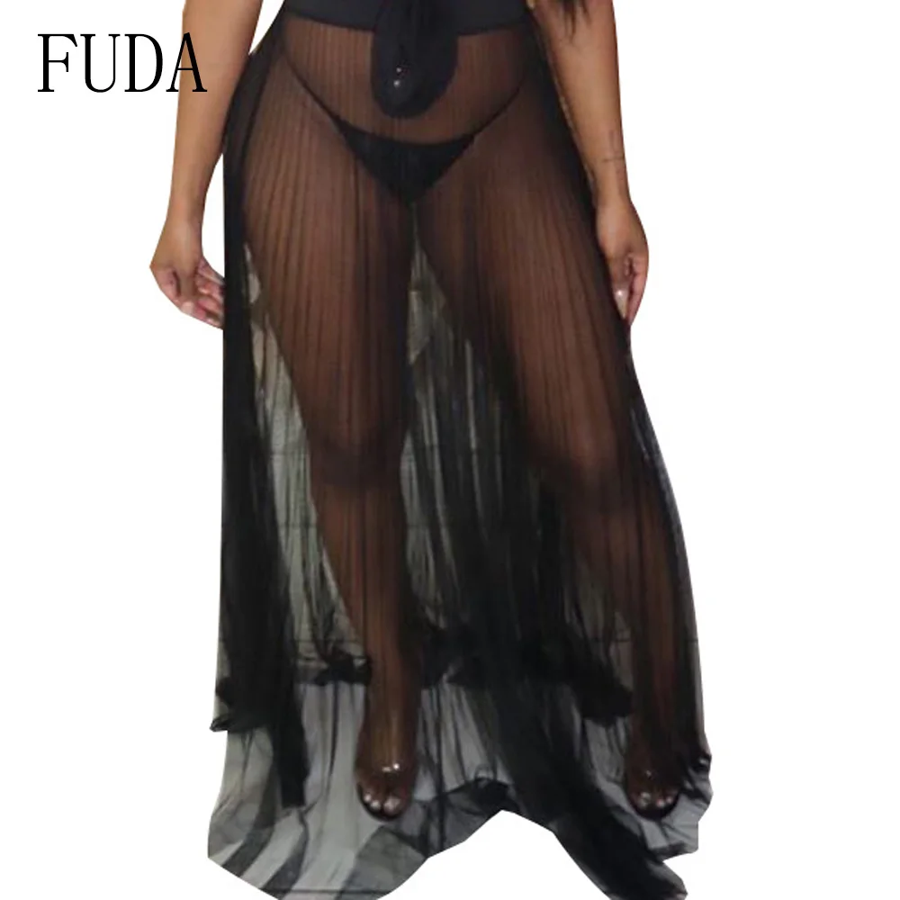 

FUDA Women Summer Black White See-through Mesh Pleated Club Party Skirts Fashion Female Casual Long Transparent High Street Wear