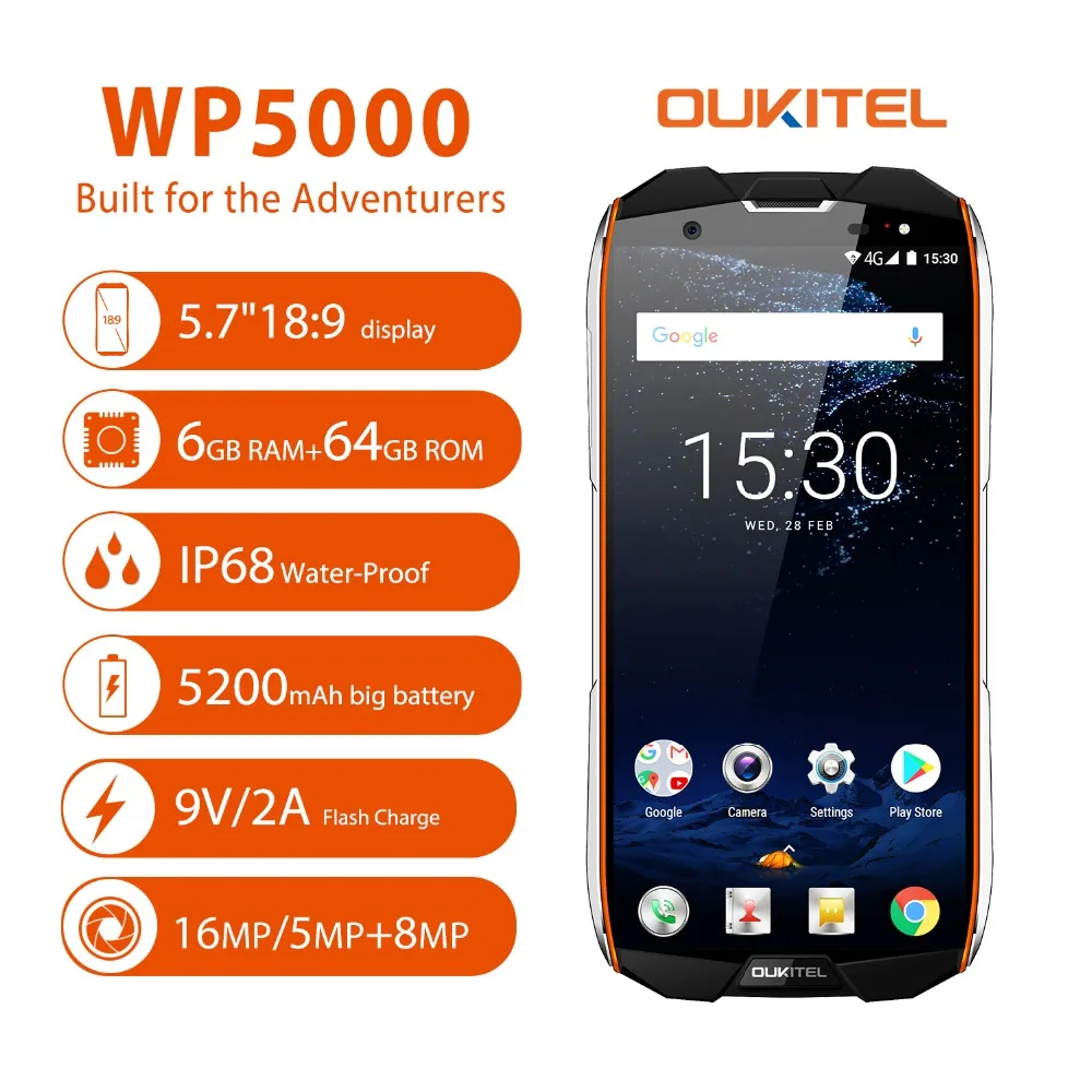 Смартфон Oukitel Wp5000 Ip68 Seal 6 Gb 64 Gb 5200 Mah 5," 18: 9 дисплей Helio P25 Octa Core 4G отпечаток пальца 9 V/2A