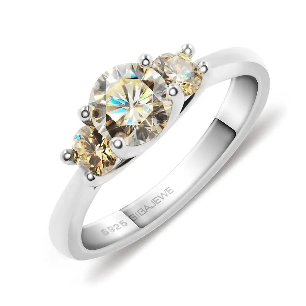 

GIGAJEWE Moissanite 1ct 5.5mm+2X3.5mm Round Cut Yellow Color 925 Silver Ring Gold Multi-layer Plated Fashion Girlfriend Gift