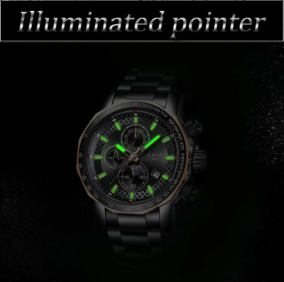 LIGE для мужчин часы лучший бренд класса люкс Большой циферблат кварцевые наручные часы мужские мода хронограф спортивные