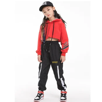 

Hip Hop Jazz Dance Costume Girls Contemporary Dance Costumes Red Long Sleeved Tops Black Pants Street Dance Clothing DQS1033