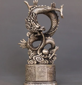 

8"Chinese Fengshui Silver lucky Decoration Zodiac Animal Dragon Play Bead Statue