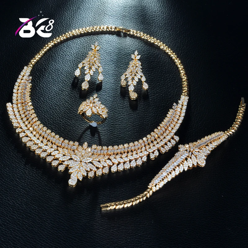 

Be 8 Fashion Design Gold Color Nigerian Wedding Cubic Zirconia Necklace 4PCS Dress Jewelry Set Vintage Dubai Beads Jewelry S247