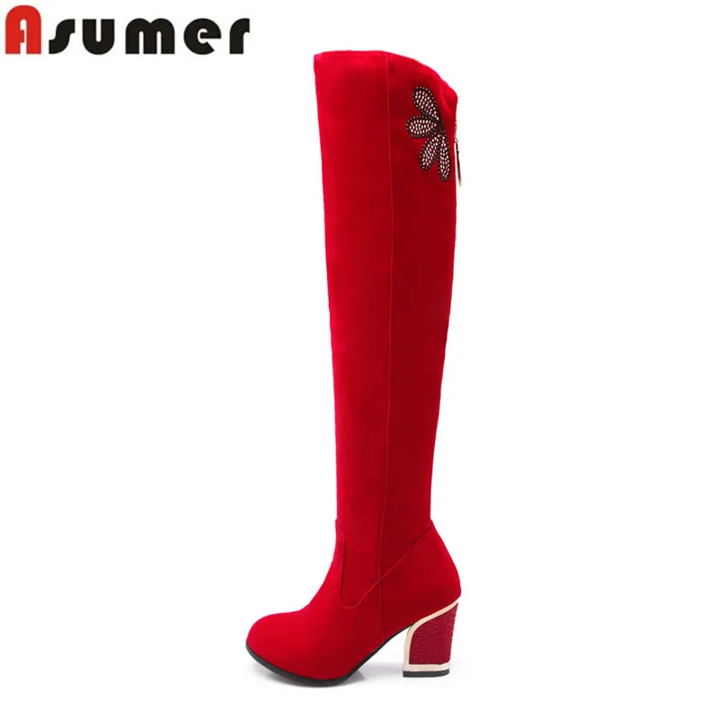 

Autumn winter keep warm nubuck leather high heel over the knee boots rivets red black long boots for women
