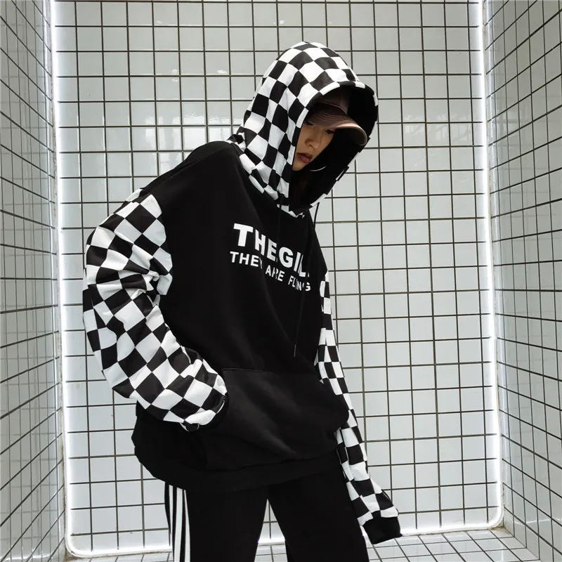 

Women's Hoodies Japan Harajuku Ulzzang New Leisure Lattice Wild Vitality Hooded Female Korean Kawaii Cute Svitshot For Women