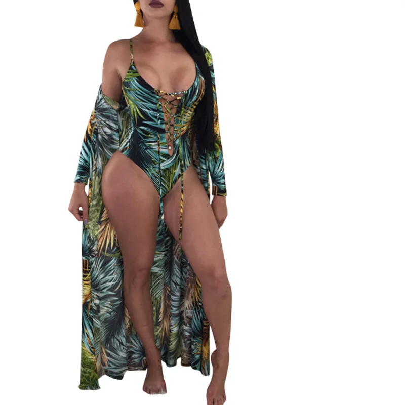 Women Two Piece Set Sexy Print Long Sleeve Sunscreen Coat Cloak + V-Neck Bandage Slip Bikini Suit | Женская одежда
