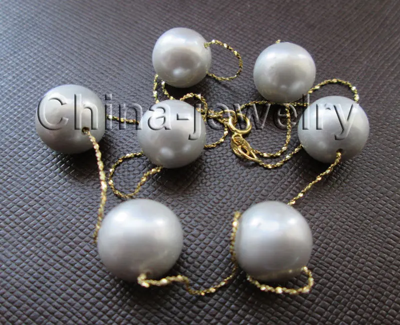 

HOT## Wholesale AAA+ 18 " 14KGP gold chain 12mm natural gray round freshwater pearl necklace -14KGP