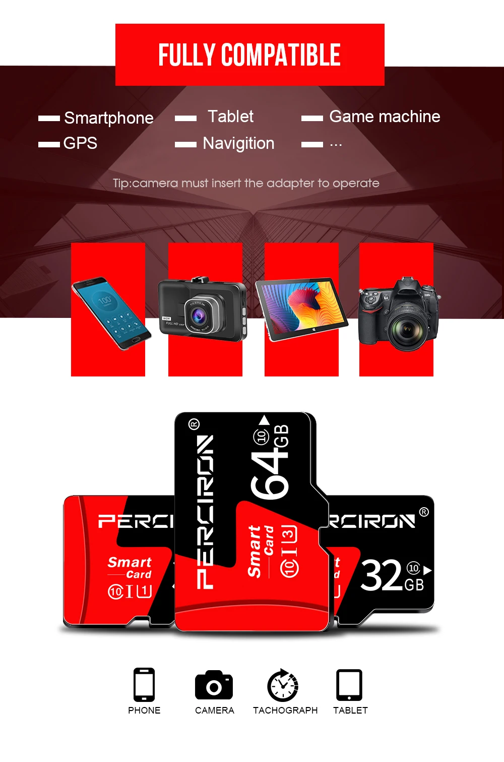 Карта памяти PERCIRON micro sd 64 ГБ TF/sd карта s 32 ГБ 16 ГБ 8 ГБ высокая скорость Micro sd карта для смартфона/планшета/ПК