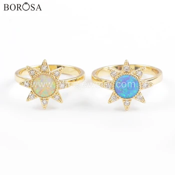

BOROSA 5PCS Electroformed Color Micro Pave Crystal Round Blue White Manmade Opal Druzy Rings ZG0393