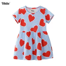 VIKITA/Брендовые повседневные платья в полоску для девочек; летние платья из хлопка с сердечками; одежда года; детское платье с короткими рукавами для девочек