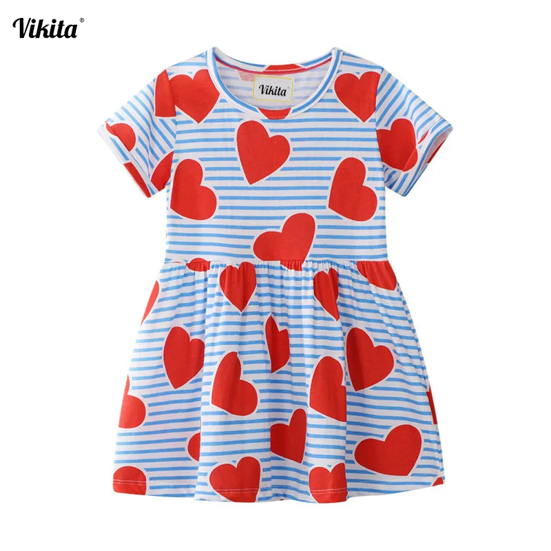 

VIKITA Brand Stripe casual Girl dresses summer hearts design 100% cotton dresses 2019 clothing short sleeve kids dress for girls
