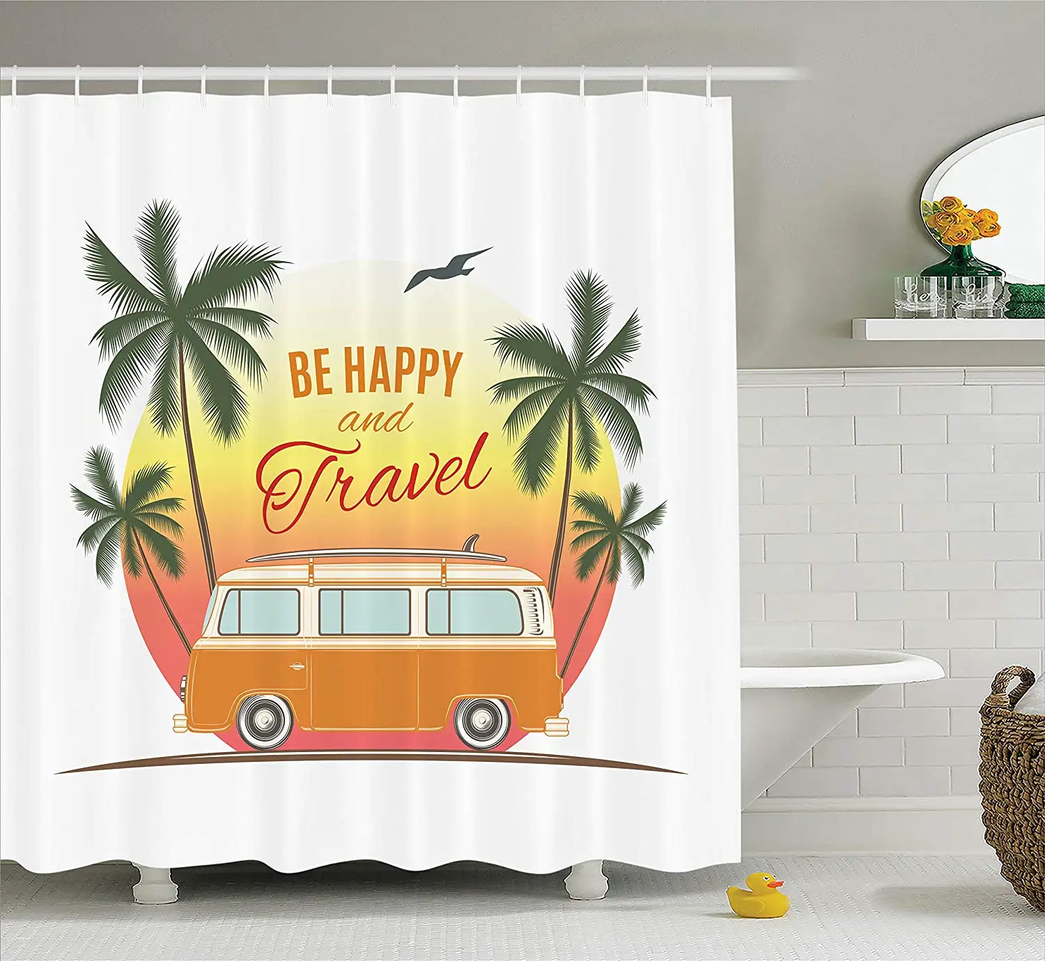 

Surf Decor Shower Curtain Set Retro Surf Van with Palms Camping Relax Hippie Travel Be Happy Free Sixties Theme