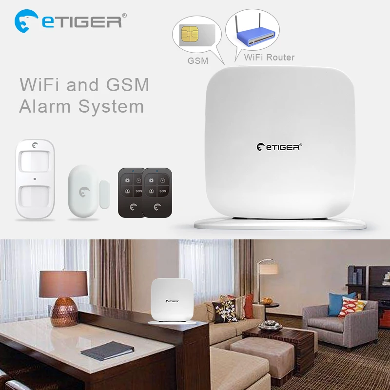 Etiger беспроводной Secual Box Wi-Fi/GSM сигнализация умный дом Комплект с датчиком движения PIR IP wifi камера Беспроводной детектор дыма