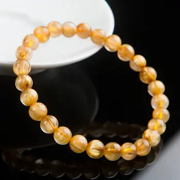 

free shipping Natural Gold Rutilated Quartz Titanium Crystal Round Beads Bracelet 7.5mm AAA