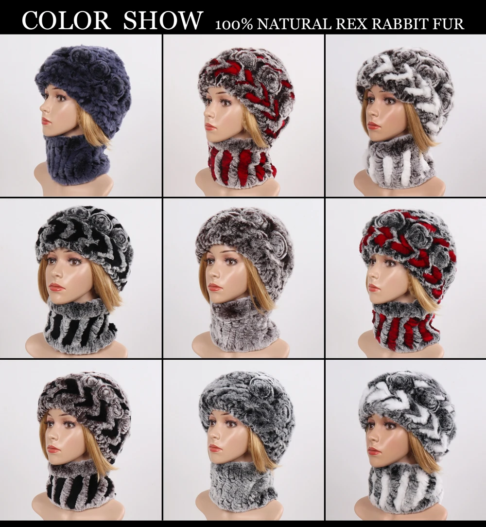 Новое поступление вязаный женский Настоящий мех кролика шарфы головные уборы наборы леди вязанный натуральная шерсть шапка шарф зима