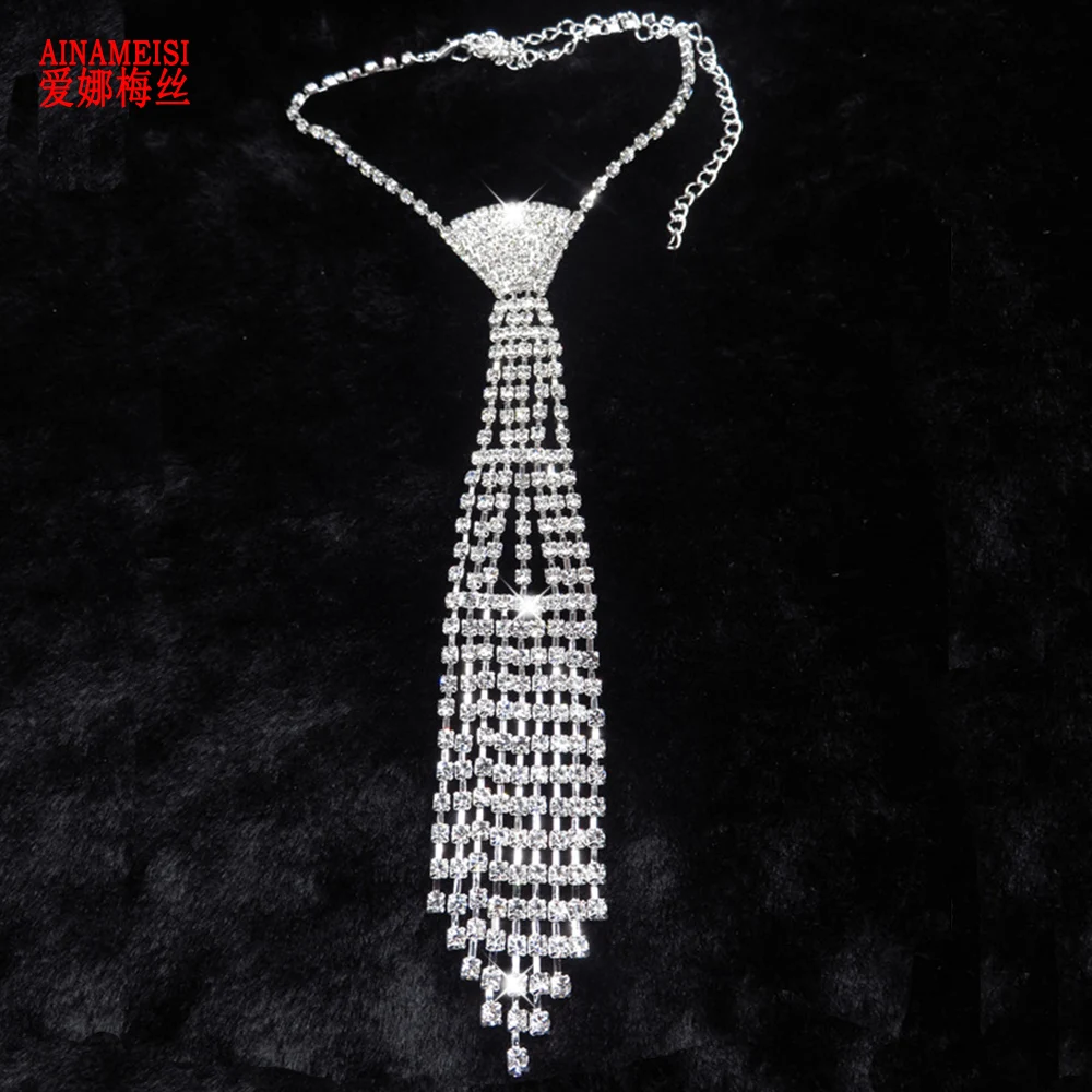 

AINAMEISI Fashion Wedding Bridal Rhinestone Neck Tie Necklaces Silver Color Long Necklace Chain Choker Collar Women Jewelry