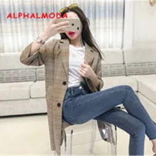 ALPHALMODA осенние женские винтажные клетчатые костюмы с рукавами, однобортный Женский Повседневный тонкий костюм