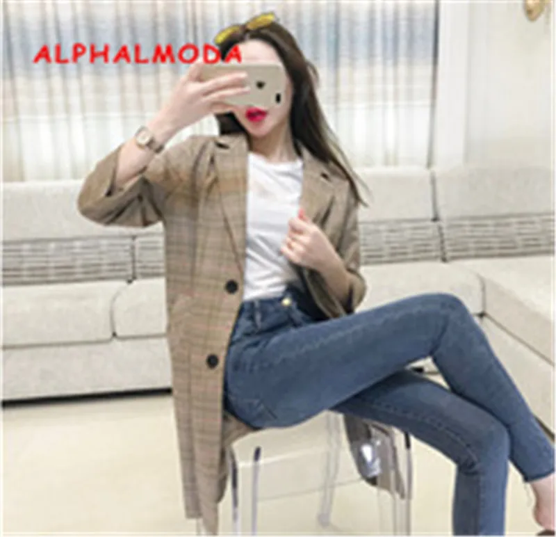 

ALPHALMODA 2018 Autumn Women Vintage Plaids Suits Rolled Sleeve Single Breasted Female Casual Thin Suit